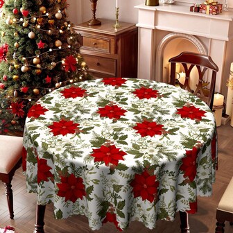 1 pieza Mantel de Navidad - Diseño de Flor de Pascua Decoración de Mesa de Comedor, Combinado con Decoración Verde - Tela de Poliéster - Se Adapta a Mesas Rectangulares, Redondas, de Comedor - Decoración de Fiesta, Hogar, Restaurante de Invierno - Fácil de Limpiar Decoración Navideña