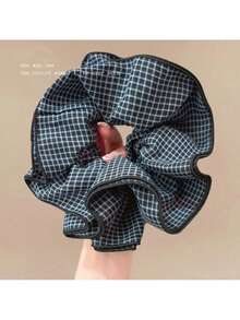 Fashion Retro Plaid Double-Layer Large Intestine Hair Band Low Ponytail Hair Rope Ball Head Women's Rubber Band Hair Tie Head Rope Head Flower Hair Accessories - 寶藍色 - 查看 7