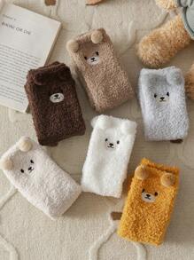 1/5 Pairs White Bear Coral Fleece Socks, Thick Warm Cartoon Socks For Home Wear In Winter, Cozy - Khaki - View 2
