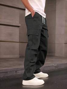 1pc Tween Boys Solid Color Drawstring Waist Cargo Pocket Straight Casual Pants,Casual Daily Wear - Black - View 4