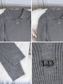 Korean Fashion Elegant Knitted Polo Collar Sweater For Women, Metal Decor, Long Sleeve Pullover Top, Suitable For Commuting, Dating, Can Be Worn Inside Or Outside, Autumn/Winter