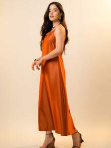 Italian Style Boat Neck Sleeveless Fitted Dress For Women - 亮橙色 - 查看 3
