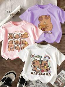 Set de 3 piezas que incluye camiseta de manga corta informal de punto suave con estampado de capibara lindo, adecuada para todos los festivales. - Multicolor - Ver 1