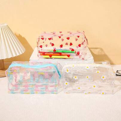 1pc PVC Large Capacity Floral Stationery Storage Bag, Colorful Flower Pencil Case, Small Daisy Storage Bag, Strawberry Pencil Bag, Cherry Pencil Bag, Butterfly Pencil Bag, Avocado Pencil Bag, Heart Pencil Bag, Pencil Box, School Pencil Box, Transparent Waterproof Pencil Case, Stationery Storage Box, Storage Box, Multi-Function Storage Bag, Transparent Waterproof Cosmetic Bag, Large Capacity Portable Toiletry Bag