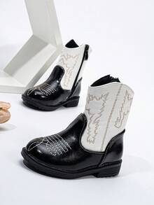 秋冬刺绣图腾靴，新款耐磨保暖舒适平底西部风格百搭婴儿靴，时尚简约侧拉链踝靴 - 黑色 - 查看 4