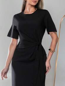 Long Dress With Short Sleeves With Belt Formal And Evening V775 - Negro - Ver 7