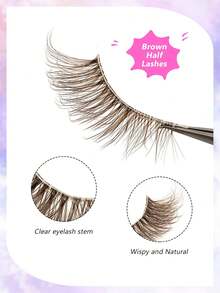7对Asiteo棕色半条假睫毛，自然纤细猫眼款，蓬松柔软，透明睫毛梗，短款半条假睫毛，条状假睫毛，睫毛，假睫毛 - 眼尾拉長款 - 查看 2