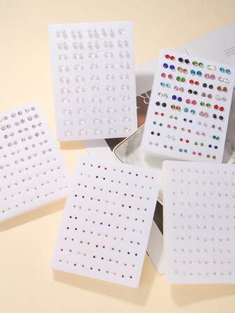 50 Pairs Assorted Rhinestone & Pearl Plastic Stud Earrings Set For Girls, Sweet & Fresh Plastic Earrings, Random Color & Style, No Box, For Birthday Party