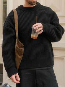Men's Solid Color Streetwear Business Casual Pullover Knit Sweater - Black - View 1