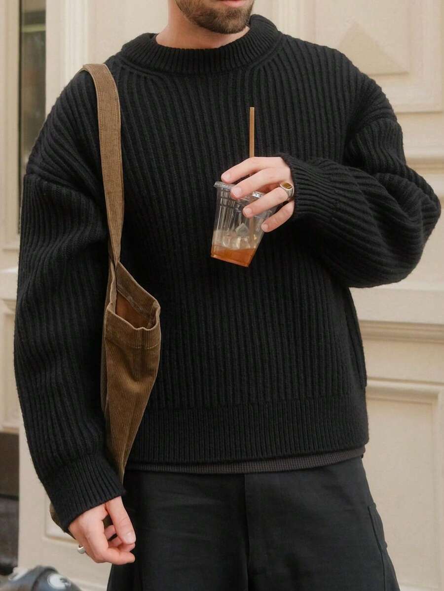 Men's Solid Color Streetwear Business Casual Pullover Knit Sweater - Black - View 1