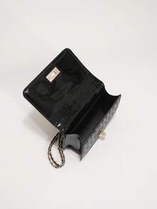 菱格纹链条单肩包，小号方形斜挎包，亮面PU材质，链条肩带，金属锁扣装饰 - 黑色 - 查看 5