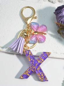 1pc Resin Starry Sky Epoxy English Letter Keychain With Tassel & Fluffy Pom Pom Decor, Gift For Friends & Mothers, Heart Pendant Christmas - Purple - View 26
