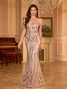 UNITHORSE [Random Cut] Women Off Shoulder Backless Dress, Shiny Sequins Elegant Evening Party Dress, Bride Dress, Birthday Outfits, Graduation Dress, Formal Dress - 香檳色 - 查看 3