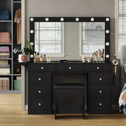 FUSOU Vanity Desk With Mirror & 12 LED Lights, Makeup Table With Power Outlet, 9 Drawers, Glass Top & Fold-Up Panel, White Dressing Table For Bedroom