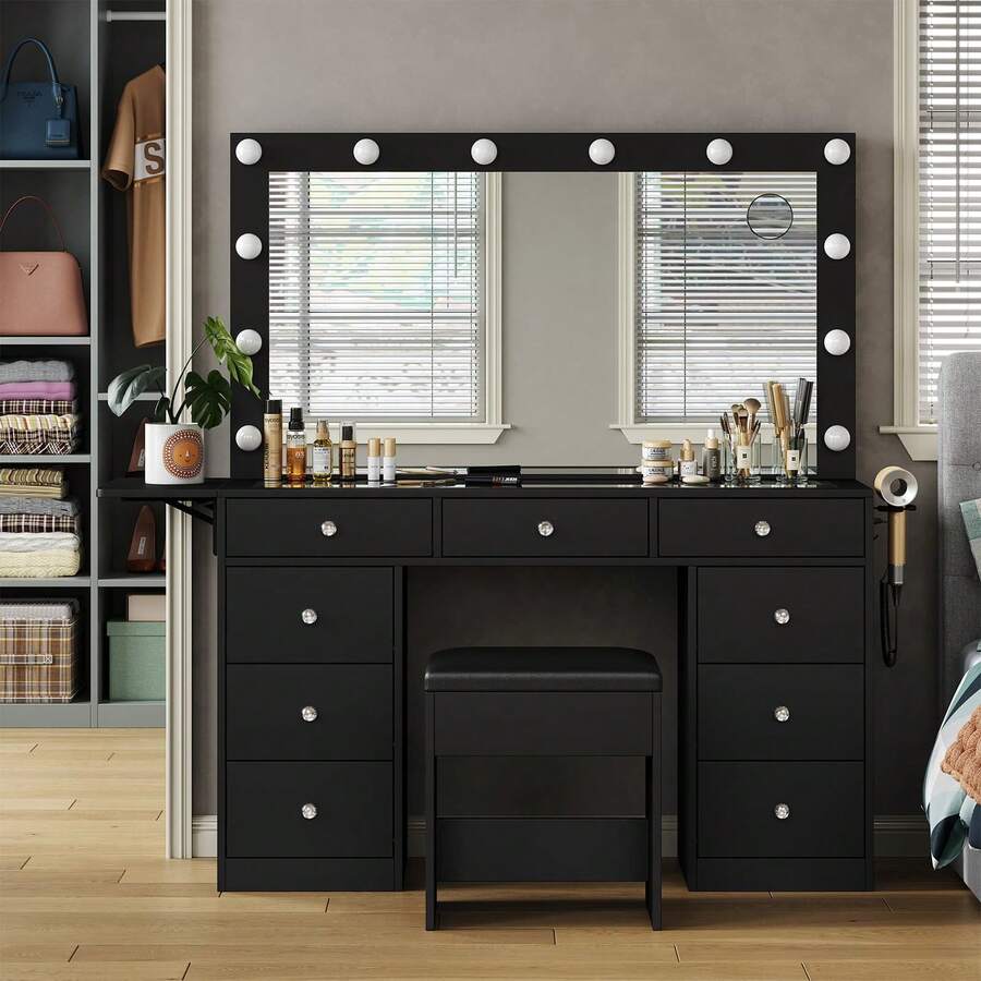 FUSOU Vanity Desk With Mirror & 12 LED Lights, Makeup Table With Power Outlet, 9 Drawers, Glass Top & Fold-Up Panel, White Dressing Table For Bedroom