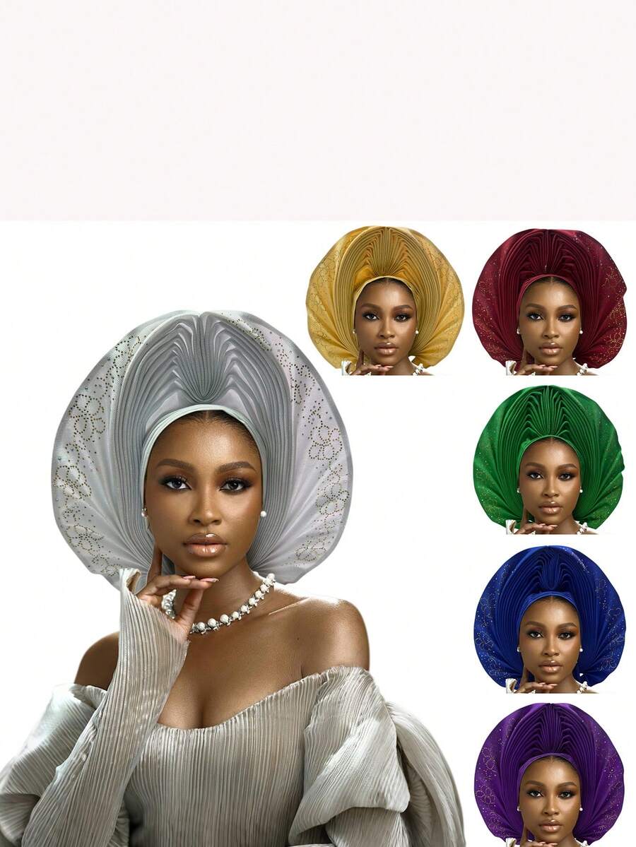 Nigerian Headwear Aso Oke Headband, Women's Wrapped Rhinestone, African Headscarf Hat, Auto Gele Headband, Handmade Fashionable Headwear, Suitable For Weddings, Parties, And Other Festivals