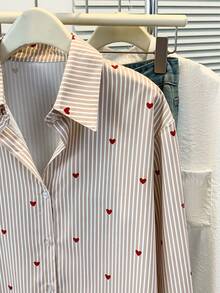 Plus Size Women's Heart Print Striped Polo Shirt - Casual Long Sleeve Blouse For Daily Wear, Spring Summer Fall Vacation