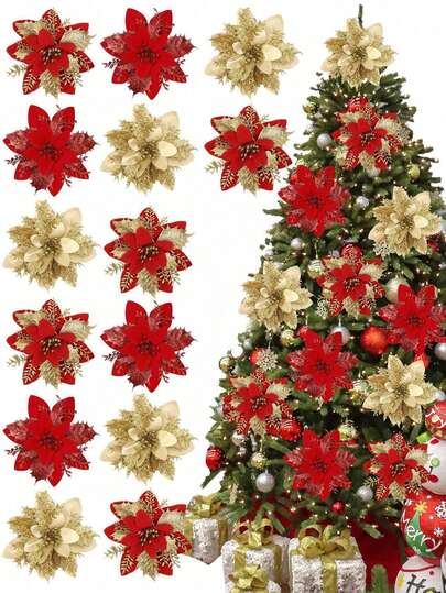 5/10pcs Red&Golden&Pink Poinsettia Artificial Christmas Glitter Flowers - Christmas Ornaments With Stems For Xmas Tree Flower Decorations & DIY Xmas Wreath, Suitable For Holiday Home Party Decor, 2025 Christmas Home Decoration Gift, 2026 New Year Home Decor & Christmas Room Decor