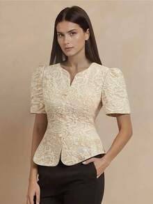 Myenjoylife Modern Filipiniana Ladies' Elegant Temperament Jacquard Bubble Sleeves Short Sleeved Cardigan