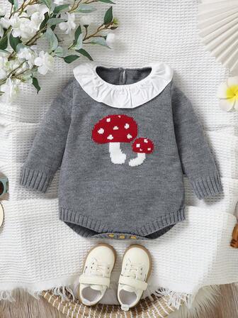 Pelele de suéter para bebé, body con cuello de volantes de manga larga y broche en la entrepierna, mono informal con jacquard de setas lindo