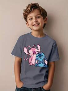 [Authorized] Stitch And Angel Print  Funny Prints Print,Summer Round Neck Fun Casual T-Shirt For Children, Made Of Slightly Stretchy Fabric, Breathable And Comfortable, Fashionable And Versatile, Men's/Girls' Same T-Shirt - Màu xám đen - Xem 1