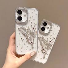 Butterfly 1pc Transparent TPU Anti-Drop Phone Case, Single Electroplated Silver Lens Frame Protective Cover, DIY Rhinestone Bow Pattern Phone Case, Luxury Rhinestone Suitable As Gift For Loved Ones, Compatible With IPhone 16 Pro Max, 15 Plus, 14 Pro, 13, 12 Pro, 11