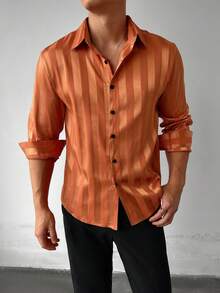 WAIT HIM Men's Striped Print Button Front Casual Long Sleeve Shirt, Fall - Orange - View 4