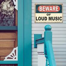 Tin Metal Sign Beware Loud Music Retro Metal Tin Sign Vintage Wall Art Home Bar Garage Music Room Decor Funny Novelty Gift Caution Sign Aged Look Wall Art Galvanized Iron Sign - 彩色 - 查看 2