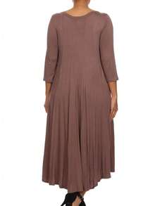Plus Size Casual 3/4 Sleeves Basic A-Line Pleated Solid Midi Dress  Wedding - Mocha Brown - View 4