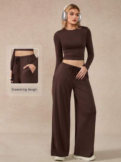 NcmRyu 1 Conjunto de Mujer Cómodo y Versátil de unicolor con Cuello Redondo, Pierna Ancha, Recto, Corte Holgado, Manga Larga, Apto para Fitness, Entrenamiento, Correr y Deportes al Aire Libre