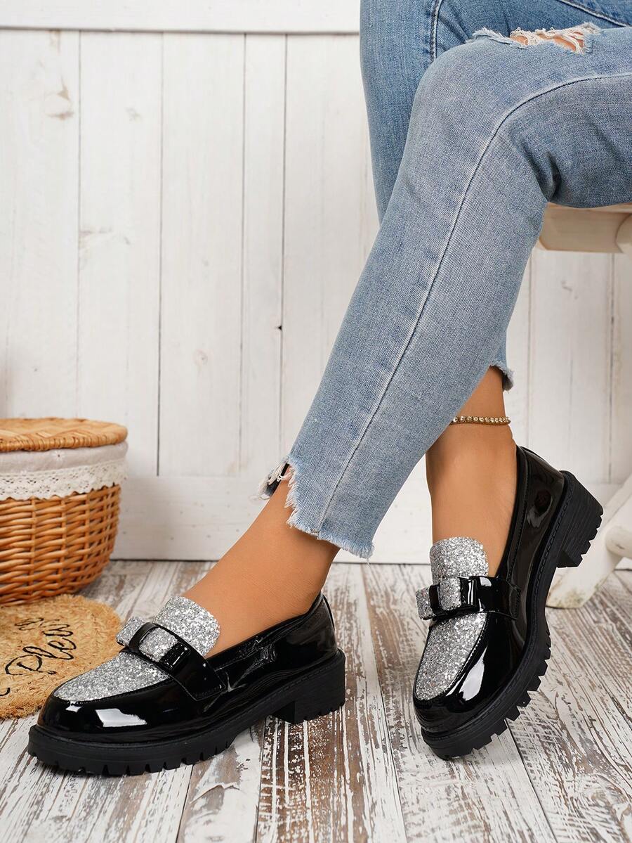 2024 Spring New Arrival British Style Slip-On Loafers, Glossy Thick Sole Soft Bottom Comfortable Fashion Flats For Women - Silver - View 1