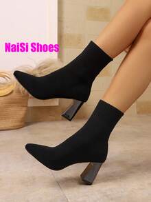 女式2025新款粗跟尖头靴，弹力修身靴，袜靴，高跟短靴，系带，黑色保暖靴，高跟中筒粗跟靴，舒适时尚尖头高跟鞋，休闲优雅靴子，黑色靴子，红色靴子，棕色靴子，咖啡靴 - 黑色 - 查看 3