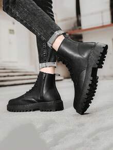 男士秋季皮靴，防水高帮黑色皮鞋，复古休闲英伦风登山工作靴 - 黑色 - 查看 11