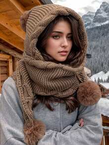1 Set de 3 Accesorios con Pompones, Gorro de Punto Versátil para Mujer de Otoño/Invierno con Bufanda, Calientaorejas Lindo con Pompón, Gorro de Punto Grueso y Cálido para Atuendos de Otoño