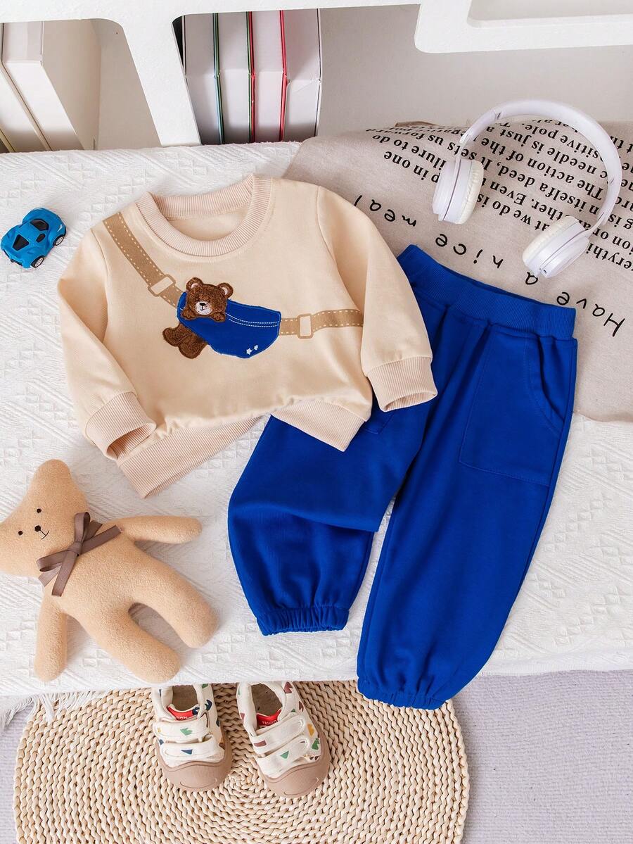 2pcs/Set Cute Bear Graphic Apricot Long Sleeve Hoodie & Blue Jogger Pants Outfit, Casual Wear For Baby Boys - Blue - View 1