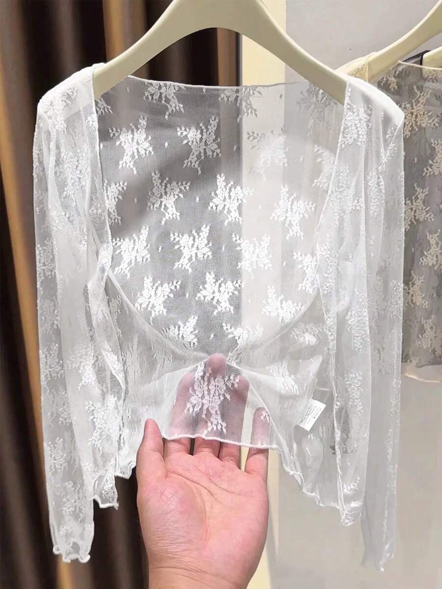 女士轻薄蕾丝长袖休闲开衫，夏季新品 - 白色 - 查看 1