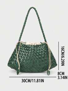 女士手工编织腋下包，2025新款百搭休闲复古蔬菜篮手提包、托特包和单肩包，时尚女士包包 - 墨綠色 - 查看 2
