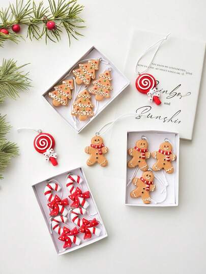 4件套圣诞姜饼人吊坠，树脂糖果装饰套装，DIY圣诞树装饰，圣诞吊坠，圣诞礼物，圣诞派对，家居装饰，精美礼盒装圣诞装饰，房间装饰，冬季圣诞装饰，家居圣诞礼物，圣诞装饰