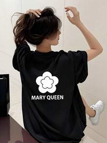 New Summer Women's Daily Casual Loose Round Neck White Short Sleeve T-Shirt, Printed With Cute Cartoon Characters, Fashionable And Versatile, Suitable For Women's Tops For Daily Wear. - 黑色 - 查看 1