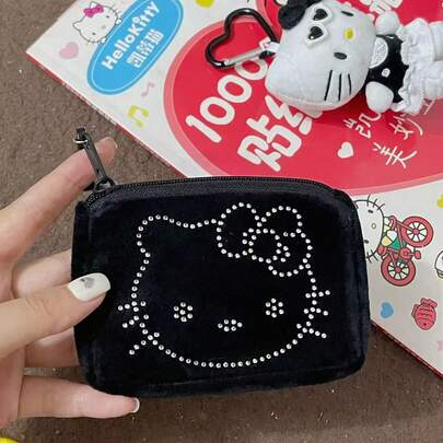 Sanrio 1pc Sanrio Authorized Cute Cartoon Rhinestone KT Cat Coin Purse | Niche Portable Keychain, Plush Earphone Storage Pouch | Multifunctional Pendant, Suitable For Daily Outings, Travel, Handbag Coin Pouch