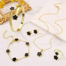 Set de 5 brățări strălucitoare cu flori norocoase, colier, cercei, brățară, inel, set de bijuterii, nou, placat cu aur, cu cinci frunze de coajă de plantă, poate fi purtat normal fără a se uda și nu se decolorează