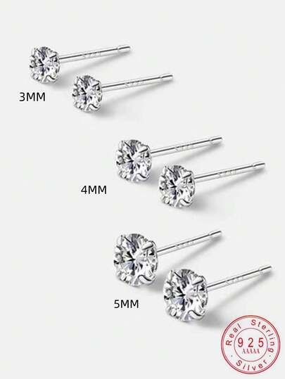 1 Pair S925 Sterling Silver Plated 14K Gold Minimalist Single Diamond Cubic Zirconia Stud Earrings