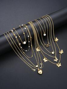 11/10/4pcs Fashionable Minimalist Gold Butterfly, Heart, Cross, Star, Moon, Faux Pearl Multi-Layer Necklace Set, Women's Birthday, Vacation, Party, Christmas Gift, Match With Daily Outfits, Party Accessories - 金黃色 - 查看 3
