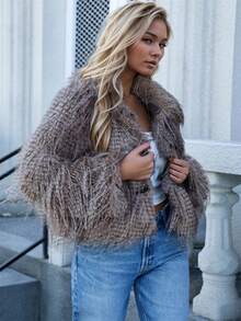 豹纹仿皮草大衣 - 女士优雅冬季夹克，手感柔软舒适 - 适合任何场合的时尚外套 - 咖啡色 - 查看 2