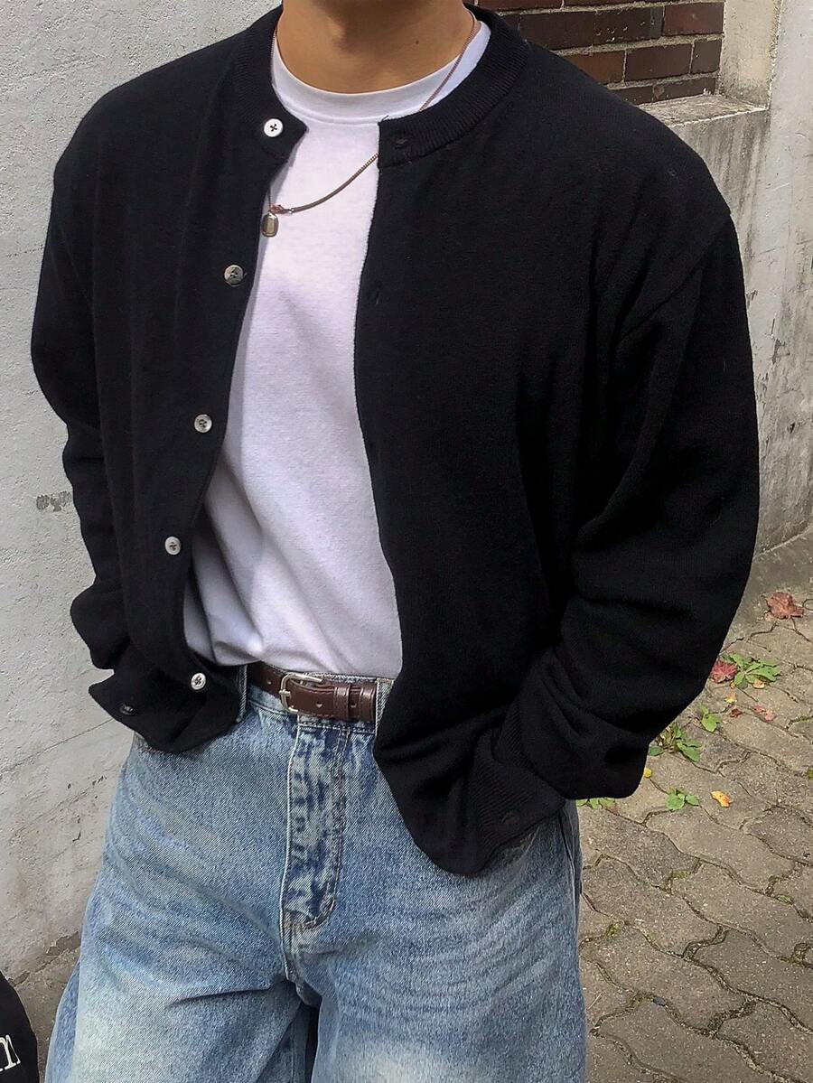 Áo khoác cardigan nam dài tay cổ tròn cài nút, dáng rộng, màu trơn, phong cách công sở, thích hợp cho mùa thu/đông, thích hợp mặc đi làm. - màu đen - Xem 1