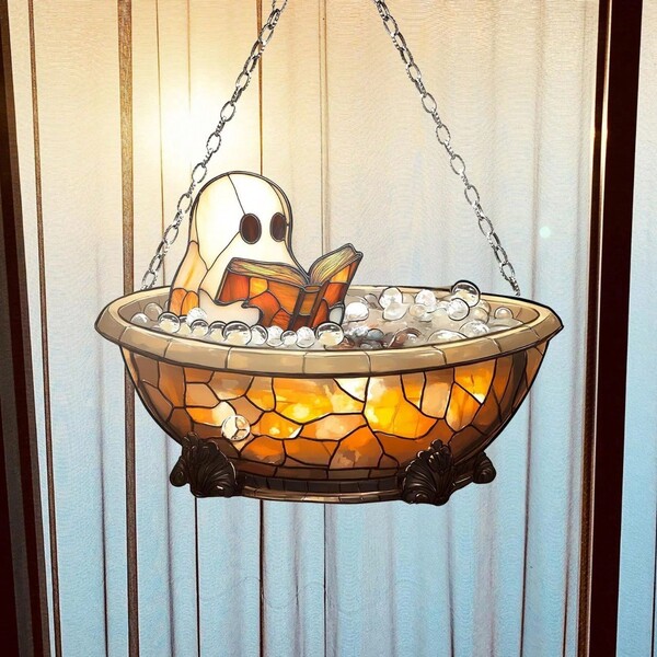 1 pieza Decoración plana de fantasma de Halloween de acrílico 2D, fantasma colgante, decoración única para baño o ventana, decoración del hogar estilo vintage, accesorio de fantasma espeluznante para el baño en otoño, sin necesidad de energía eléctrica