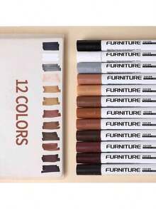12 件套家具木纹补漆笔，适用于实木和复合地板修补，防水防褪色，划痕修复工具和填缝笔，重返校园 - 12色 - 查看 2