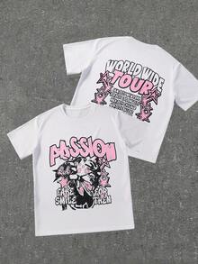 Men's Letter & Star Graphic Loose Round Neck Short Sleeve T-Shirt, World Tour T-Shirt-Premium Cotton Graphic Printed Round Neck T-Shirts - 粉色 - 查看 1