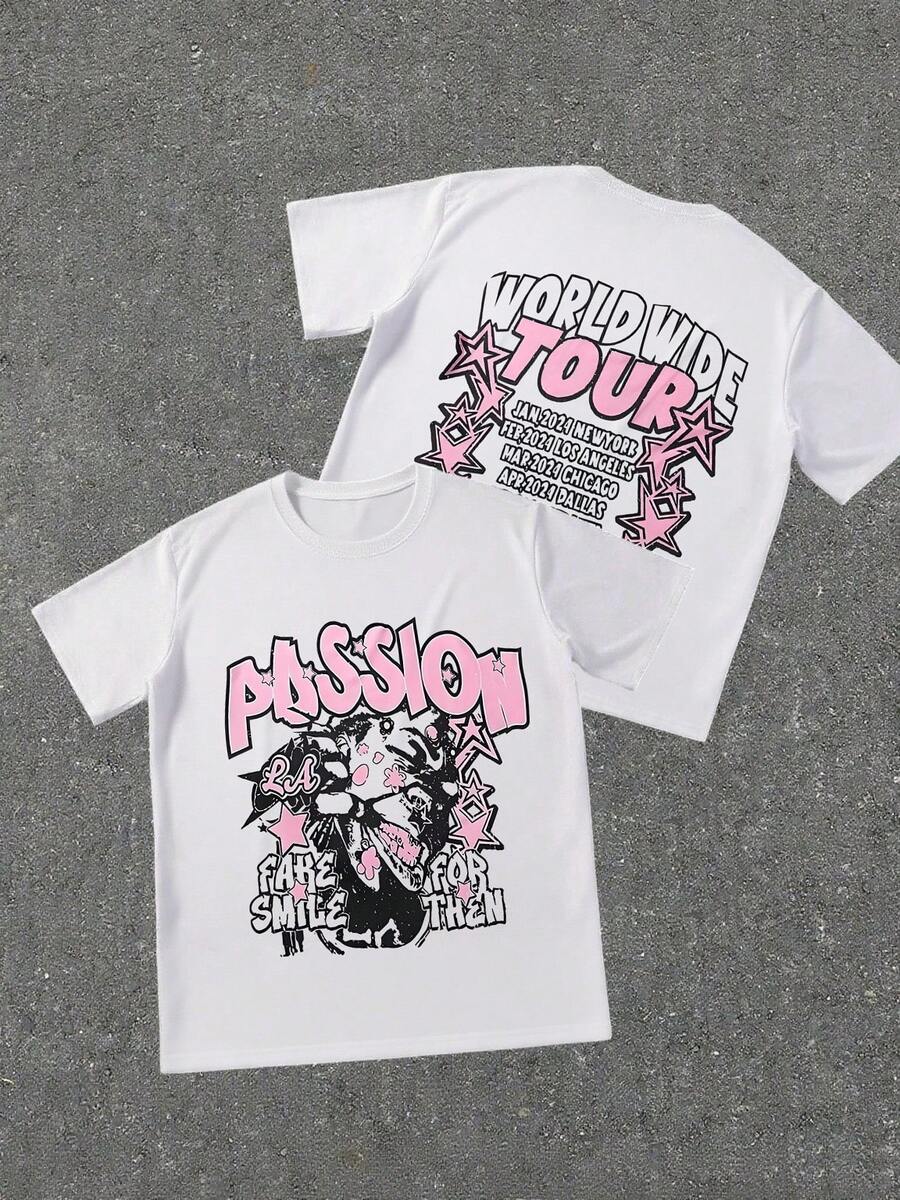 Men's Letter & Star Graphic Loose Round Neck Short Sleeve T-Shirt, World Tour T-Shirt-Premium Cotton Graphic Printed Round Neck T-Shirts - 粉色 - 查看 1