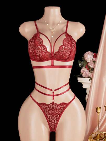 2 Pcs New Ladies Sexy Lingerie Set Lace Triangle Cup Semi-Sheer Single Breast Button Bra & Metal Ring Attached Waistband Sexy Lace Thong Sexy Underwear Erotic Lingerie Set